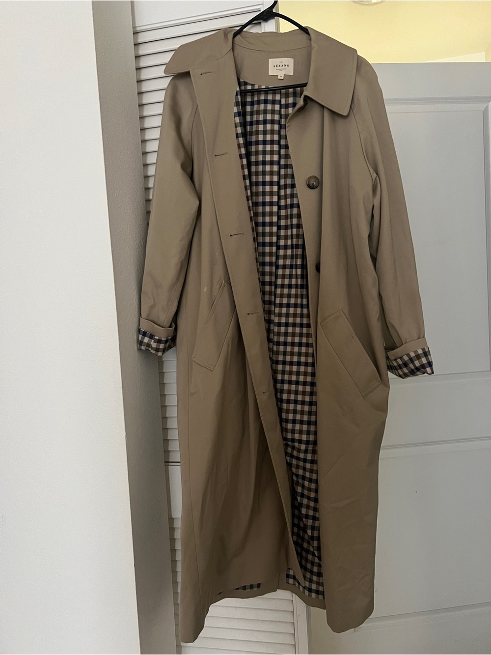 Sezane Clyde Trench Coat with Checked Plaid Lining